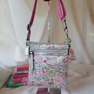 Coach White Multicolor Doodle Butterfly Crossbody with Pink Strap